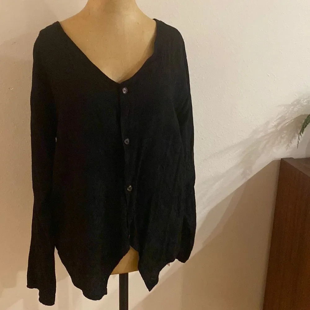 CP Shades sz M black‎ rayon button down blouse w/ brocade floral embroidered